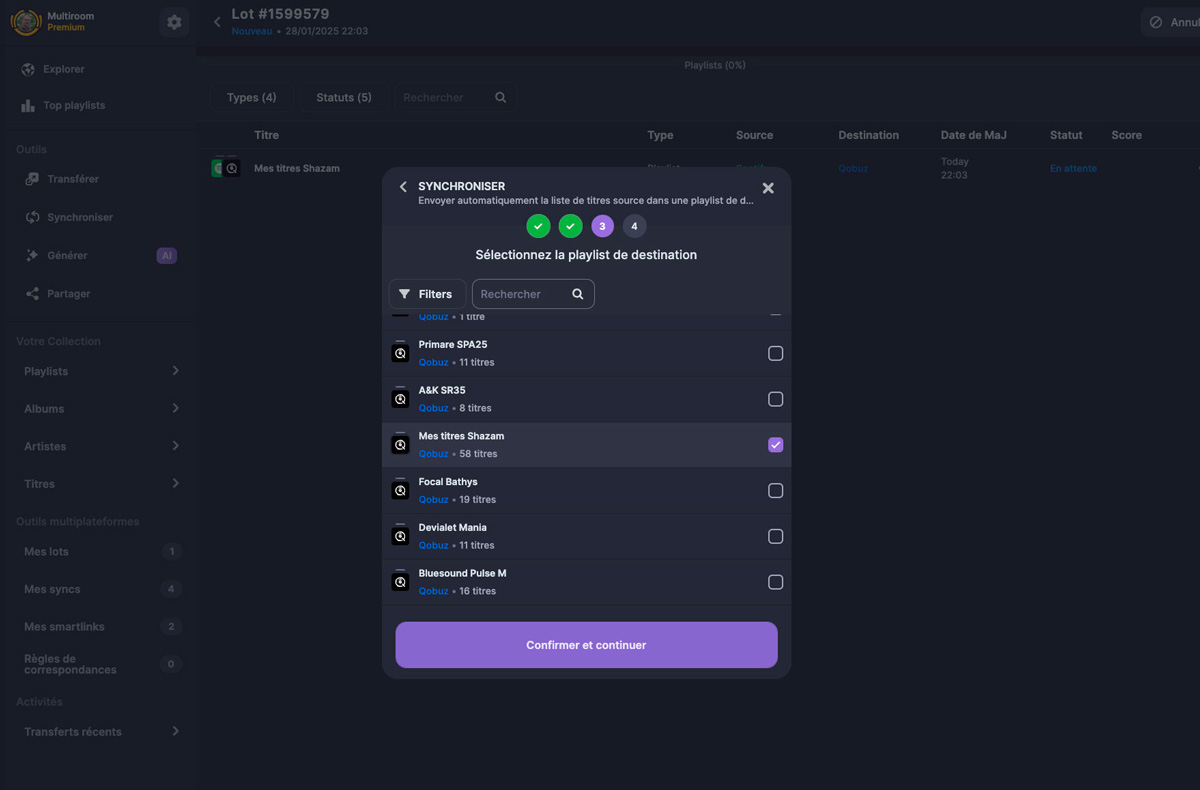 Au sein de Qobuz, je sélectionne la playlist concernée par la synchronisation : c’est celle appelée « Mes titres Shazam » créée précédemment grâce au transfert.