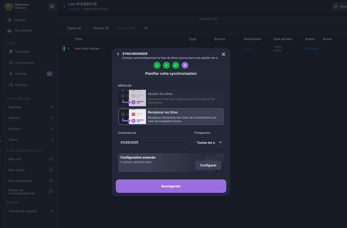 Soundiiz me laisse le choix entre « ajouter » ou « remplacer ». Si je choisis le second choix, les playlists seront toujours identiques. Soundiiz me laisse le choix entre « ajouter » ou « remplacer ». Si je choisis le second choix, les playlists seront toujours identiques.