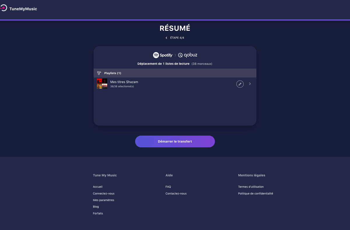 Tune My Music résumé le transfert : une playlist contenant 38 titres. Je clique sur « Démarrer le transfert ». Tune My Music résumé le transfert : une playlist contenant 38 titres. Je clique sur « Démarrer le transfert ».