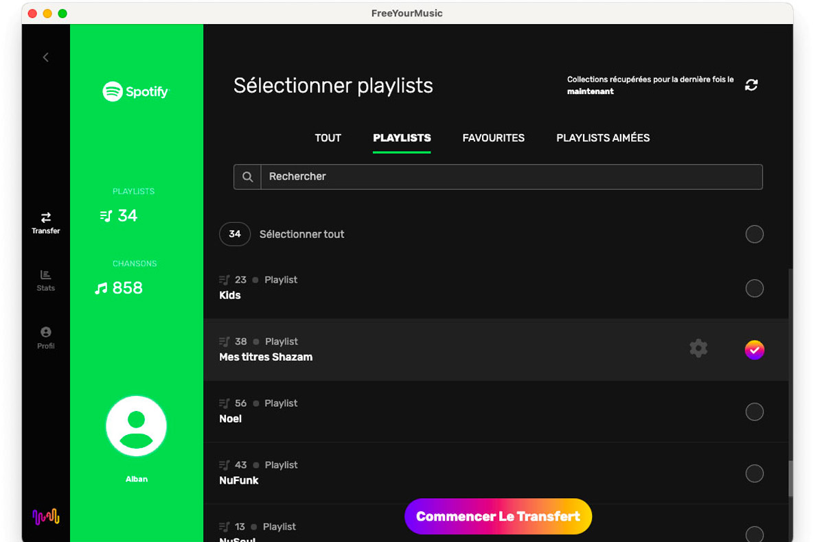 A l’étape suivante, je dois choisir la ou les playlists à transférer. Je peux également sélectionner mes favoris (albums, titres). Je clique sur « Commencer le transfert ».