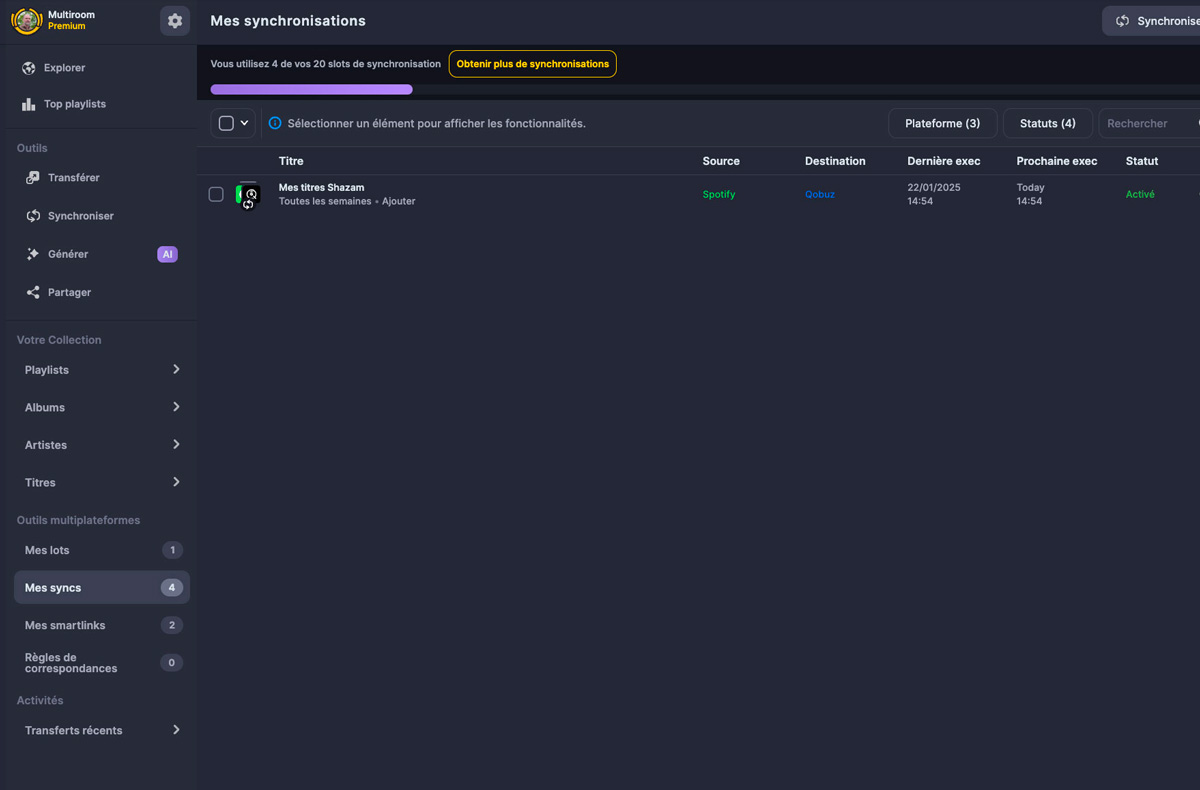 Depuis la page d’accueil, si je clique sur « mes syncs » dans la colonne de gauche, je retrouve ma synchronisation en cours avec la dernière date et la prochaine date d’exécution. Depuis la page d’accueil, si je clique sur « mes syncs » dans la colonne de gauche, je retrouve ma synchronisation en cours avec la dernière date et la prochaine date d’exécution.