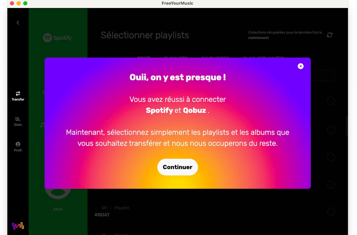 J’ai choisi Qobuz. Là encore, l’application m’a demandé de me connecter à mon compte Qobuz. La source et la destination sont maintenant sélectionnées. J’ai choisi Qobuz. Là encore, l’application m’a demandé de me connecter à mon compte Qobuz. La source et la destination sont maintenant sélectionnées.