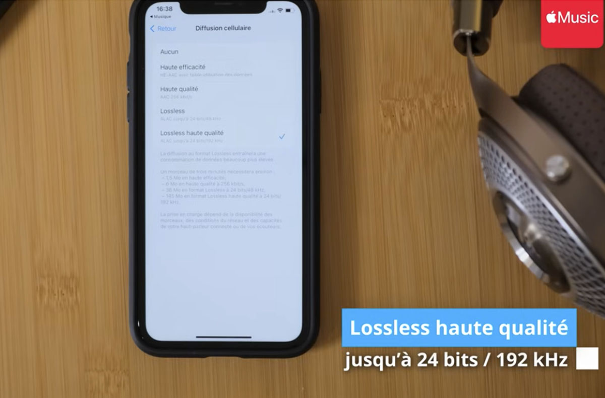 Affichage des niveaux audio Apple Music : haute efficacité, haute qualité, lossless et lossless haute qualité. Affichage des niveaux audio Apple Music : haute efficacité, haute qualité, lossless et lossless haute qualité.