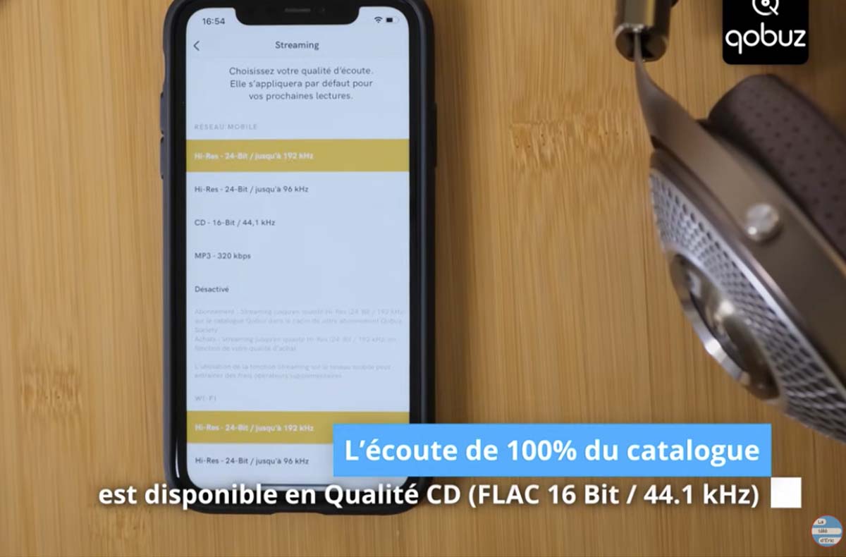 Paramètres audio Qobuz : affichage précis du format, du débit et du taux d’échantillonnage.