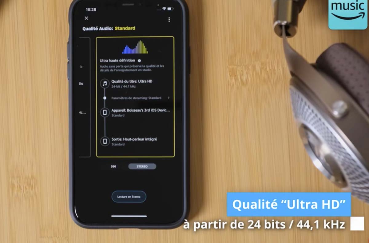 ’interface d'Amazon Music Unlimited montrant les différents taux d'échantillonnage et de qualité audio lus. ’interface d'Amazon Music Unlimited montrant les différents taux d'échantillonnage et de qualité audio lus.
